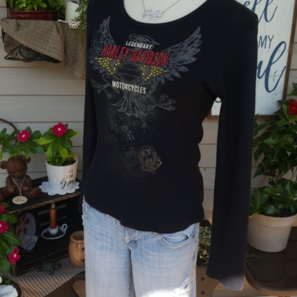 HARLEY-DAVIDSON ♡ Black Long Sleeve Red 'n Gold Embellished Legendary H-D Top S - Picture 14 of 17